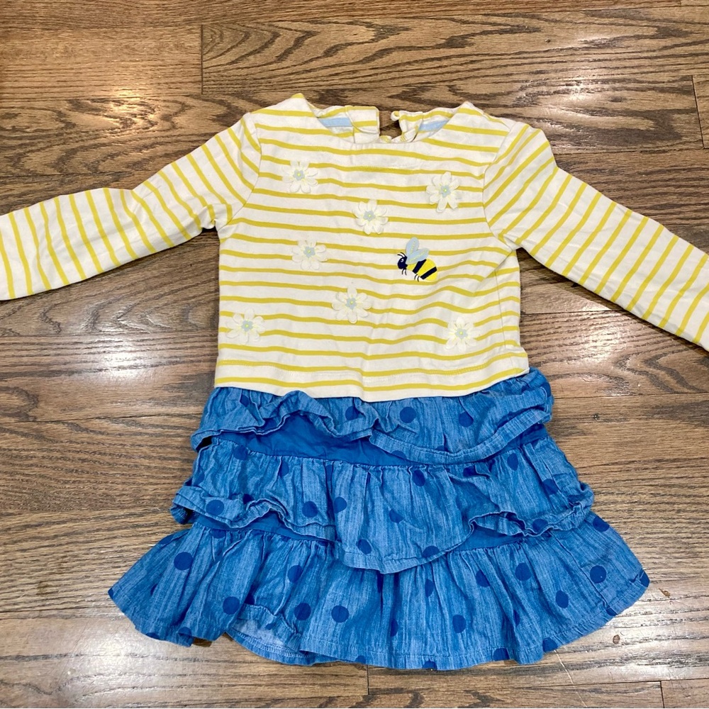 Mini Boden Yellow and White Striped Dress with ruffle Jean Material